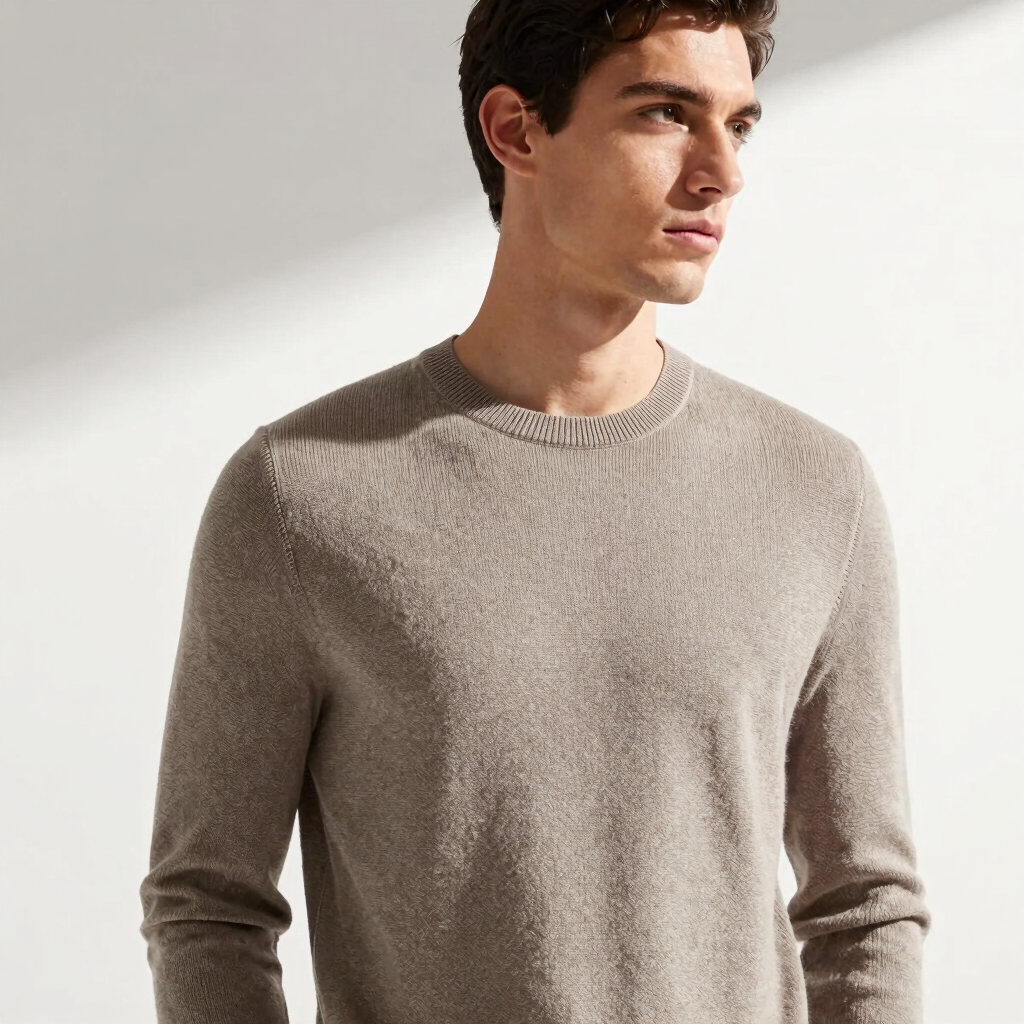 Elegant portrait of a man in a structured neutral-toned knit sweater, looking away, soft natural light, clean white background, high-contrast minimalist editorial style