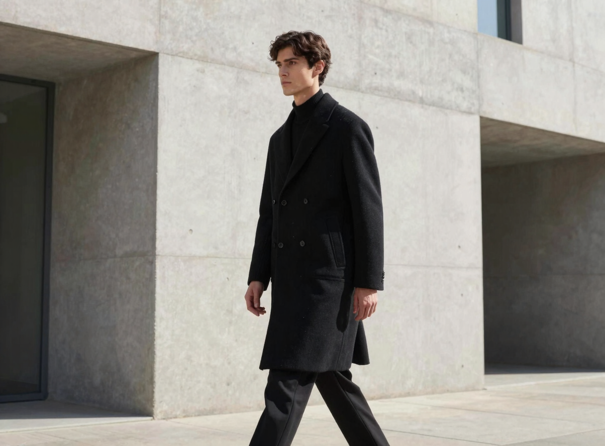 Full body shot of a man wearing a structured minimalist black wool overcoat, walking past a modern concrete building, high contrast natural light, editorial fashion photography
